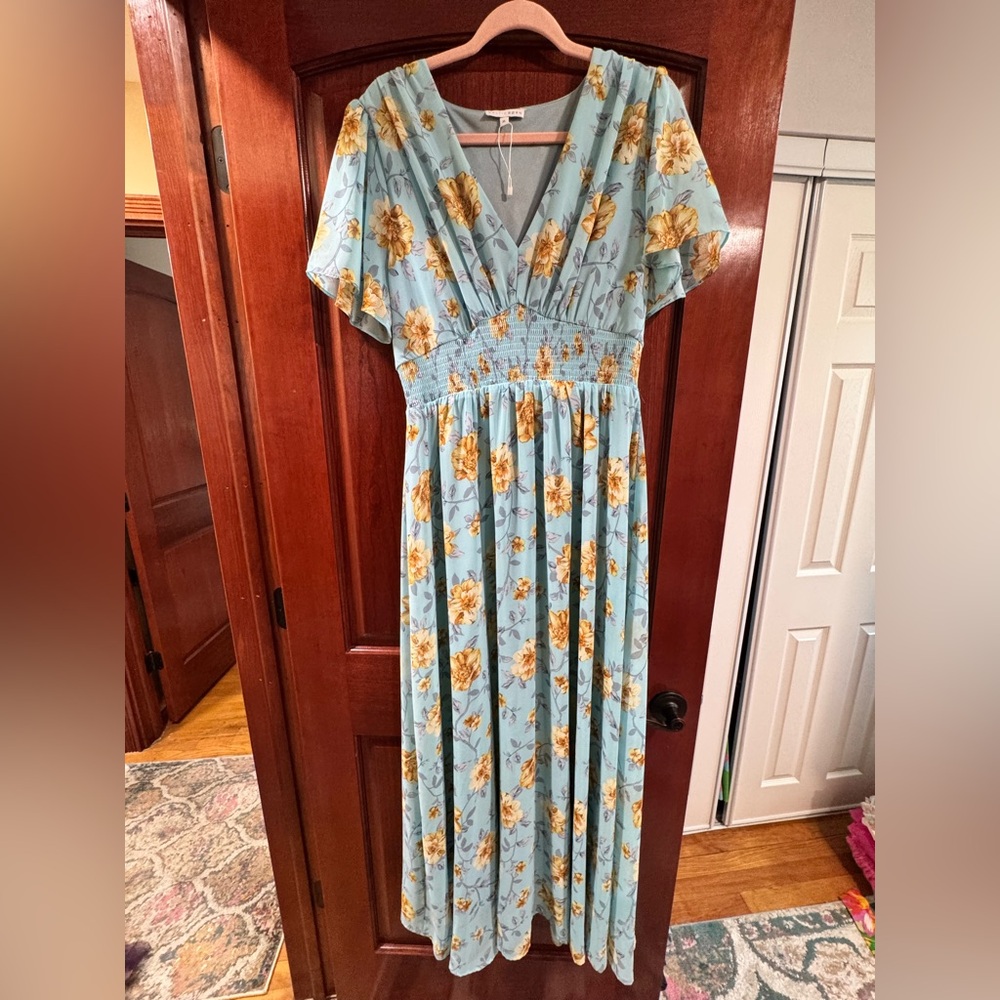 NWT Baltic Born - Blue Floral V-Neck Maxi Dress with Smocked Waist